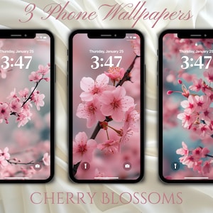 Könnte beinhalten: Drei Handy-Hintergrundbilder mit einer Nahaufnahme von rosa Kirschblüten vor einem verschwommenen Hintergrund. Die Uhrzeit wird auf jedem Handy-Bildschirm als 3:47 angezeigt.
