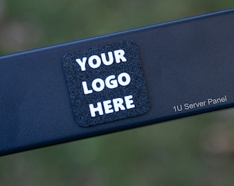 May include: A black 1U server panel with a white sticker that says "YOUR LOGO HERE".