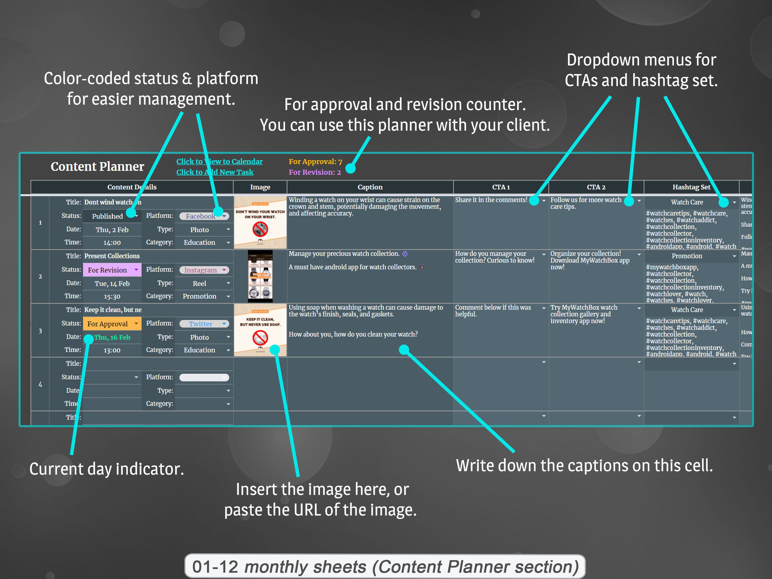 Yearly content planner social media content calendar google sheets