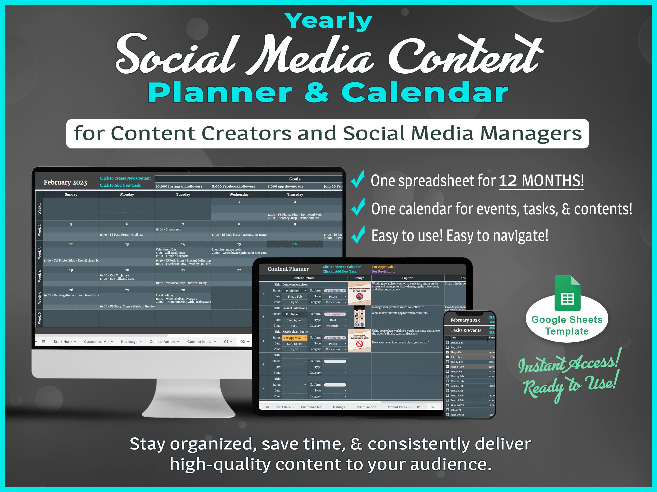 Yearly content planner social media content calendar google sheets