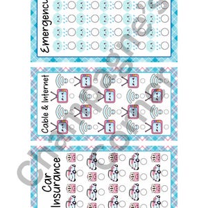 May include: Three budget tracker sheets with blue and pink plaid borders. The sheets are labelled "Emergency", "Cable & Internet", and "Car Insurance". Each sheet has circles and themed illustrations for tracking expenses.