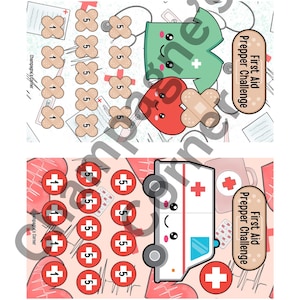 May include: Two sheets of stickers with a medical theme. One sheet features an ambulance, red crosses, and the text "First Aid Prepper Challenge." The other sheet has a green shirt, a red heart, and bandages.