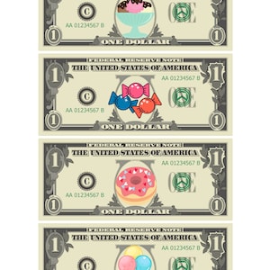 Könnte beinhalten: Vier Bilder eines 1-Dollar-Scheins mit verschiedenen süßen Leckereien darauf gedruckt. Die Leckereien sind Eiscreme, Süßigkeiten, ein Donut und Eiscreme in einer Waffel.