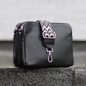 Sac à bandoulière en cuir noir pour femme avec bretelles à motifs supplémentaires, sac à bandoulière en cuir, sac à bandoulière de différentes couleurs