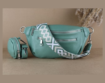 Sac de ventre en cuir vert menthe pour femmes avec portefeuille de pièces de monnaie, sangles à motifs supplémentaires, sac crossbody, cadeau pour elle