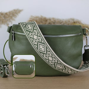Khaki Grün Olive Leder Bauchtasche mit Silber Reißverschlusstaschen, extra gemusterte Riemen, Leder Schultertasche, Crossbody Bag, Geschenk für Sie