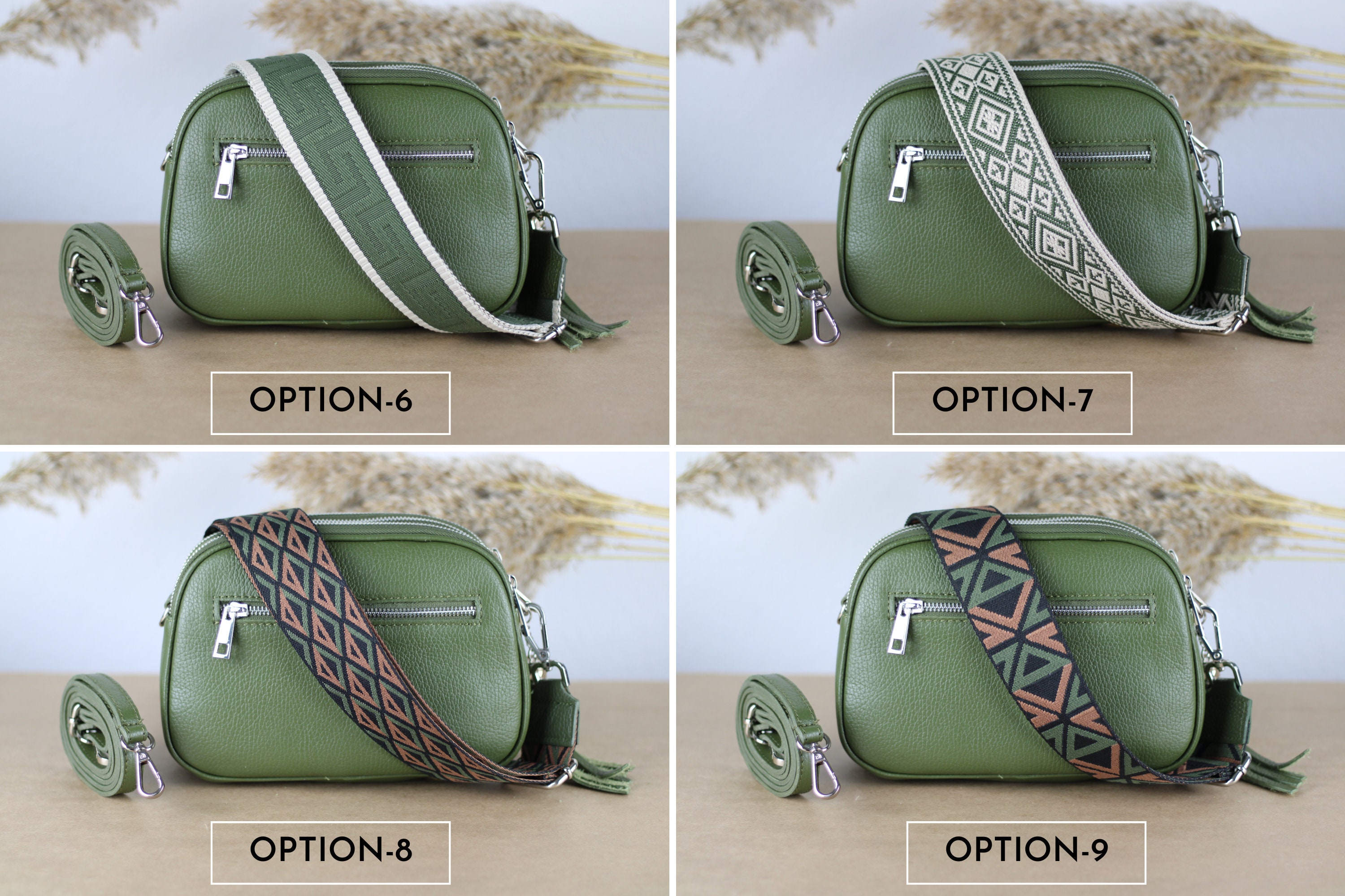 Green Khaki Leather Shoulder Bag for Women With Extra