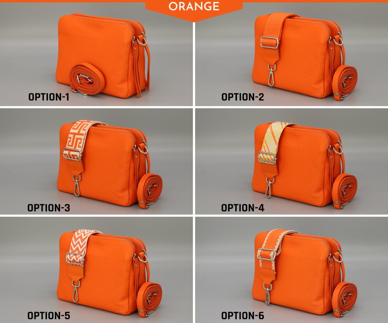 Umhängetasche aus Leder für Damen mit extra gemusterten Trägern, Umhängetasche aus Leder, Umhängetasche in verschiedenen Farben Orange
