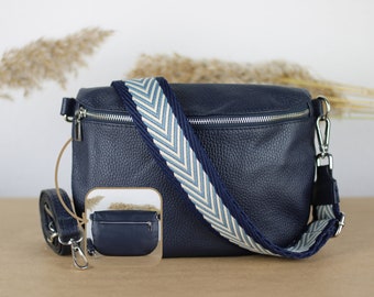 Navy Blue Leather Belly Bag with Silver zippered pockets, extra Patterned Straps, Leather Shoulder Bag, Crossbody Bag, gift for her