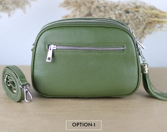 Green Khaki Leather Shoulder Bag for Women With Extra