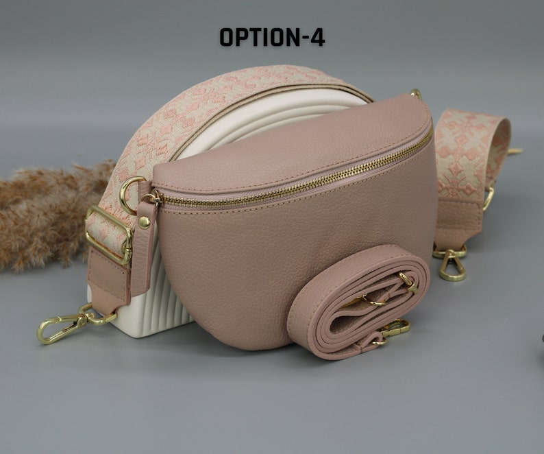 Rose Leder Bauchtasche für Frauen mit goldenem Reißverschluss, extra gemusterte Träger, Leder Schultertasche, Crossbody Tasche mit verschiedenen Größen Bild 5