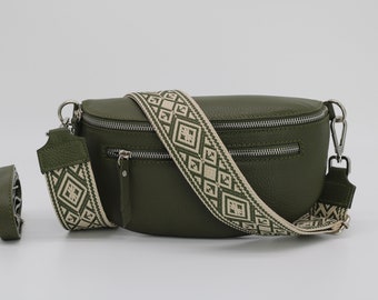 Khaki Leather Belly Bag for Women with extra Zippered Pockets, Patterned Strap Options, Leather Shoulder Bag, Crossbody Bag