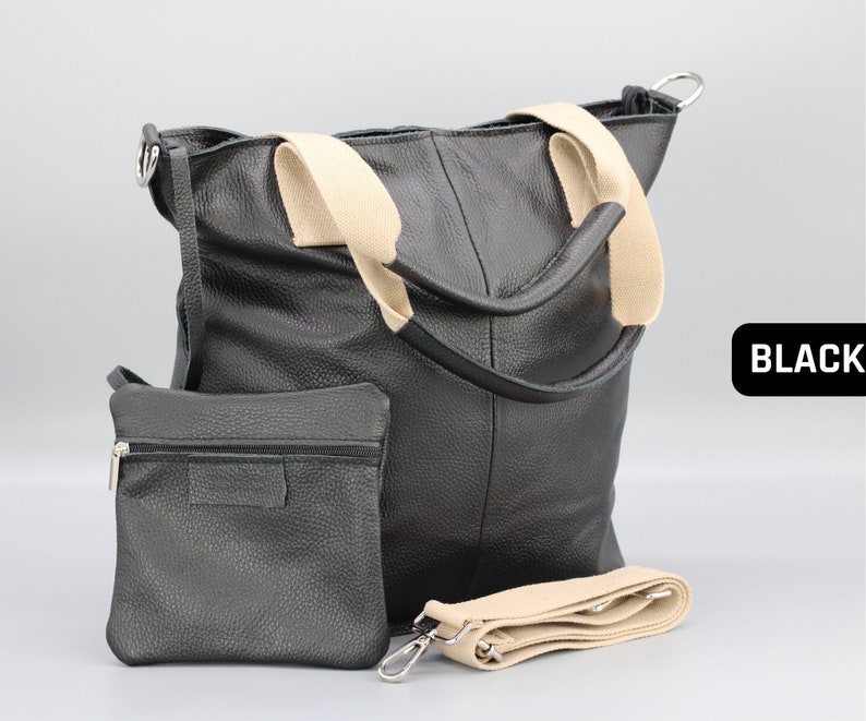 Leder Shopper Tasche für Frauen mit breitem Riemen, Frauen Umhängetasche, Große Beuteltasche, Einkaufstasche mit Reißverschluss, Geschenk für sie, Weihnachtsgeschenk BLACK