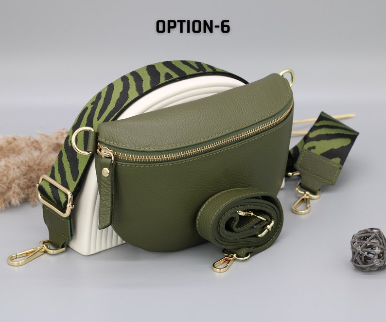 Khaki Olive Green Gold Leather Belly Bag for Women with extra Patterned Straps, Leather Shoulder Bag, Crossbody Bag with Different Sizes Option-6