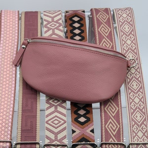 Dusky Pink Leather Belly Bag for Women with extra Patterned Straps, Leather Shoulder Bag, Crossbody Bag with Different Sizes