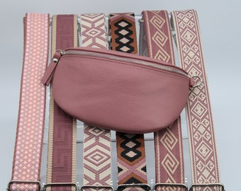 Dusky Pink Leather Belly Bag for Women with extra Patterned Straps, Leather Shoulder Bag, Crossbody Bag with Different Sizes