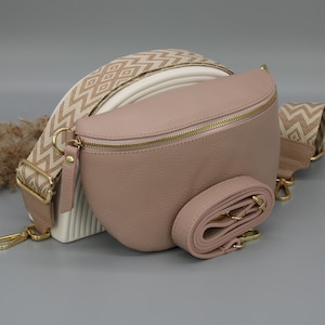 Rosa Leder Bauchtasche für Frauen mit goldenem Reißverschluss, extra gemusterte Riemen, Leder Umhängetasche, Crossbody Bag mit verschiedenen Größen