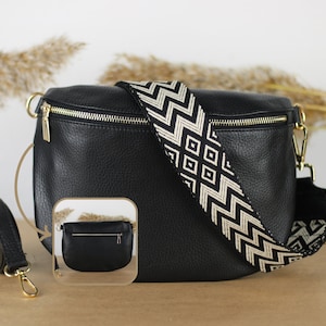 Mittelgroße Schwarz Gold Leder Bauchtasche mit Reißverschlusstaschen, extra gemusterte Träger, Leder Schultertasche, Crossbody Tasche mit verschiedenen Größen