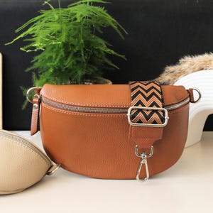 Leather Belly Bag with Patterned Strap: Convertible Crossbody Shoulder Bag