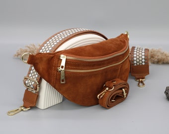 Cognac-braune Wildleder-Bauchtasche für Frauen mit zusätzlichen gemusterten Riemenoptionen, Leder-Schultertasche, Crossbody-tasche mit verschiedenen Farben