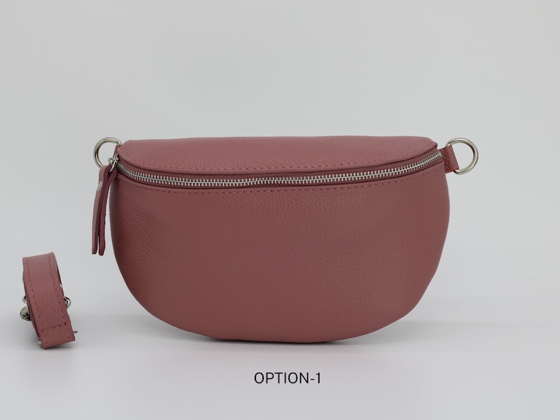 Altrosa Leder Bauchtasche für Frauen mit extra gemusterten Trägern, Leder Schultertasche, Crossbody Tasche mit verschiedenen Größen Option-1