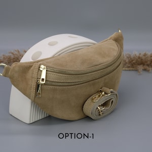 Sac de ventre en cuir taupe en daim pour femmes avec options de sangle à motifs supplémentaires, sac à bandoulière en cuir, sac crossbody avec différentes couleurs Option-1