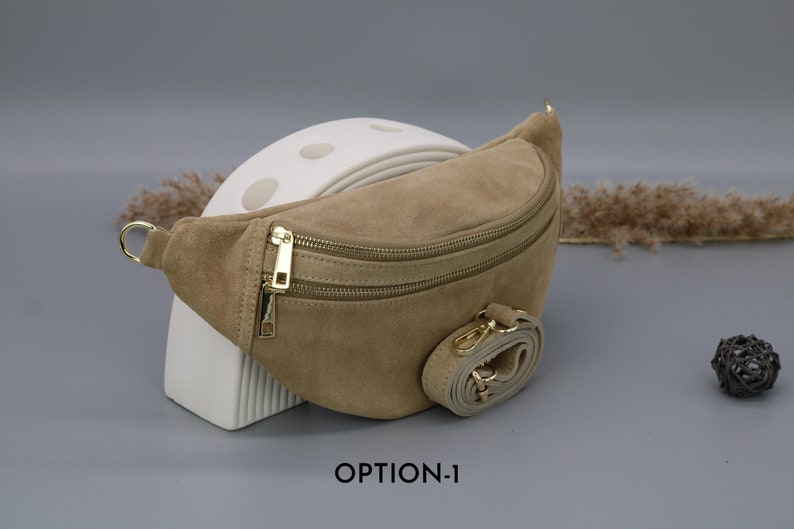 Sac de ventre en cuir taupe en daim pour femmes avec options de sangle à motifs supplémentaires, sac à bandoulière en cuir, sac crossbody avec différentes couleurs image 2