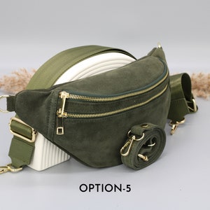 Sac de ventre en cuir suédé vert kaki pour femmes avec options de sangle à motifs supplémentaires, sac à bandoulière en cuir, sac crossbody avec différentes couleurs Option-5