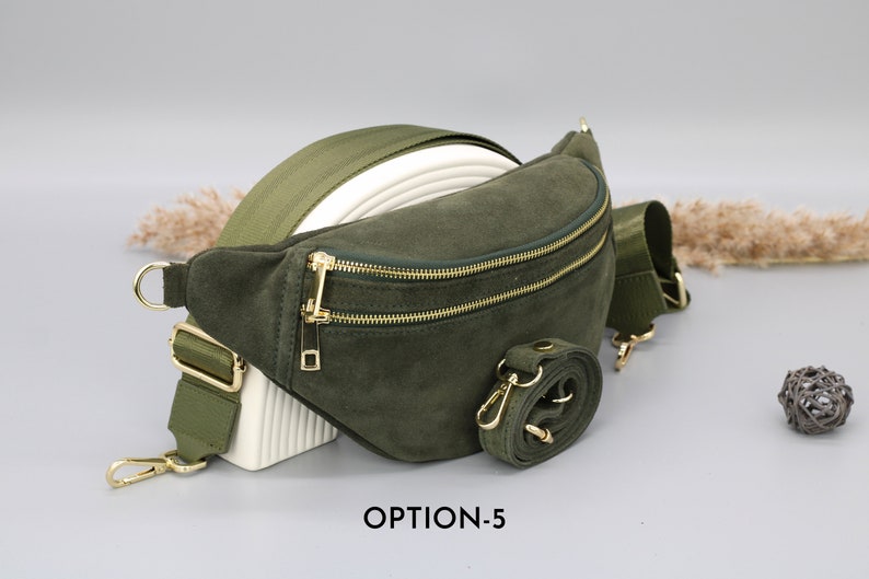 Sac de ventre en cuir suédé vert kaki pour femmes avec options de sangle à motifs supplémentaires, sac à bandoulière en cuir, sac crossbody avec différentes couleurs image 6