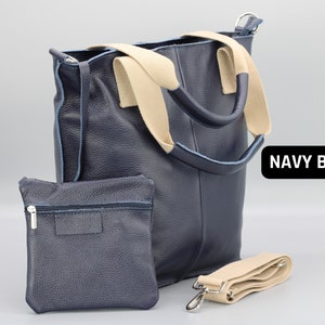 Leren shoppertas voor dames met brede riem, damesschoudertas, grote buideltas, draagtas met ritssluiting, cadeau voor haar, kerstcadeau NAVY BLLUE