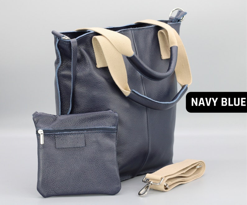 Leder Shopper Tasche für Frauen mit breitem Riemen, Frauen Umhängetasche, Große Beuteltasche, Einkaufstasche mit Reißverschluss, Geschenk für sie, Weihnachtsgeschenk NAVY BLLUE