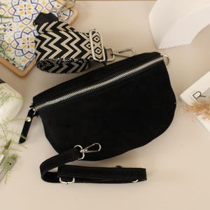 Suede Black Leather Belly Bag for Women with extra Patterned Straps, Leather Shoulder Bag, Crossbody Bag with Different Sizes