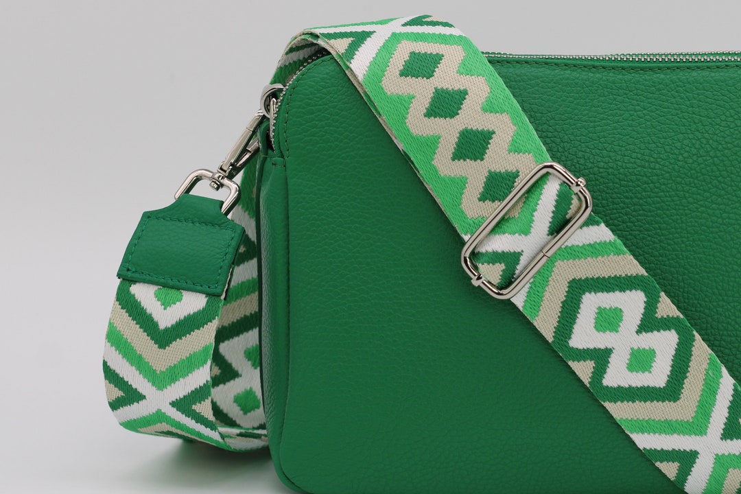 Green Silver Leather Bag Strap , Strap for Bags With Silver Hardware, Wide Strap Shoulder Strap