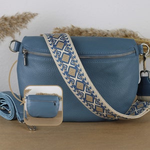 Jeans Blaue Leder Bauchtasche mit silbernen Reißverschlusstaschen, extra gemusterte Träger, Leder Umhängetasche, Crossbody Bag, Geschenk für sie