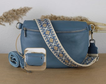 Jeans Blue Leather Belly Bag with Silver zippered pockets, extra Patterned Straps, Leather Shoulder Bag, Crossbody Bag, gift for her