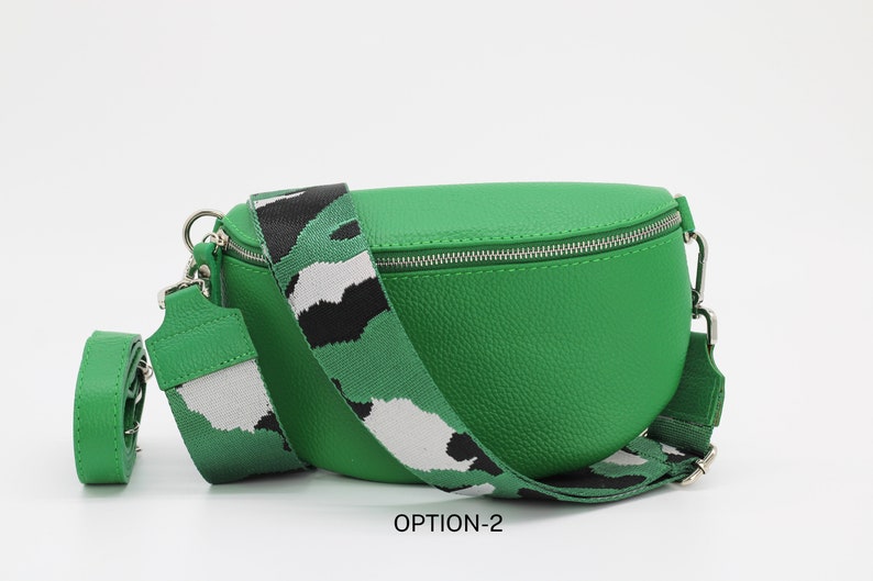 Grüne Leder Bauchtasche für Frauen mit extra gemusterten Trägern, Leder Schultertasche, Crossbody Tasche mit verschiedenen Größen Option-2