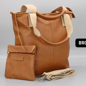 Leder Shopper Tasche für Frauen mit breitem Riemen, Frauen Umhängetasche, Große Beuteltasche, Einkaufstasche mit Reißverschluss, Geschenk für sie, Weihnachtsgeschenk BROWN