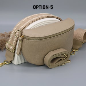 Taupe Gold Leather Belly Bag for Women with extra Patterned Straps, Leather Shoulder Bag, Crossbody Bag with Different Sizes Option-5