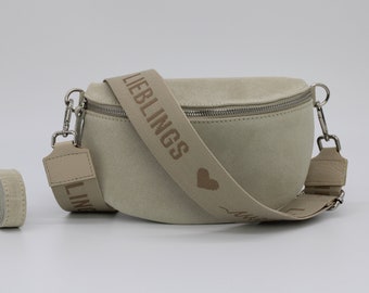 Wildleder Beige Leder Bauchtasche für Frauen mit extra gemusterten Riemen, Leder Schultertasche, Crossbody Tasche mit verschiedenen Größen