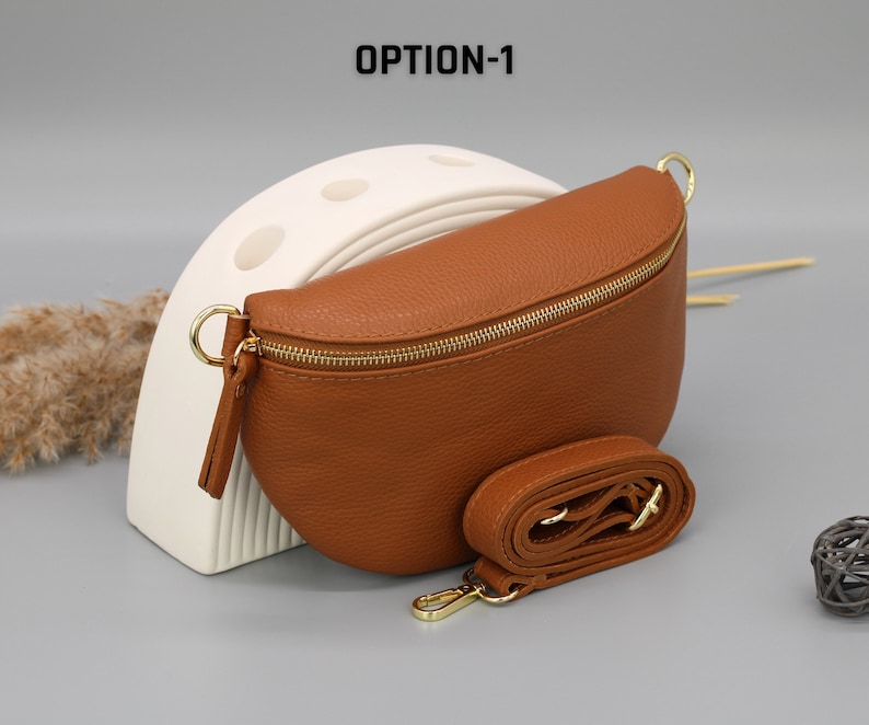 Sac de ventre en cuir doré brun cognac pour femmes avec sangles à motifs supplémentaires, sac à bandoulière en cuir, sac crossbody de différentes tailles Option-1