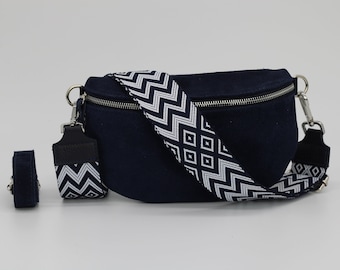 Sac de ventre en cuir bleu marine en daim pour femmes avec sangles à motifs supplémentaires, sac à bandoulière en cuir, sac crossbody de différentes tailles