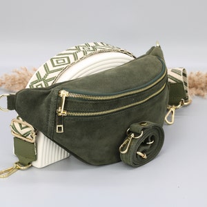 Sac de ventre en cuir suédé vert kaki pour femmes avec options de sangle à motifs supplémentaires, sac à bandoulière en cuir, sac crossbody avec différentes couleurs image 1