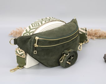 Sac de ventre en cuir suédé vert kaki pour femmes avec options de sangle à motifs supplémentaires, sac à bandoulière en cuir, sac crossbody avec différentes couleurs