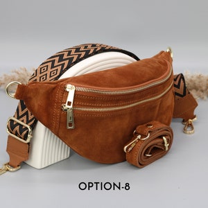 Cognac Brown Suede Leather Belly Bag for Women with extra Patterned Strap Options, Leather Shoulder Bag, Crossbody Bag with Different Colors Option-8
