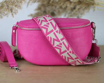 Pink Leather Belly Bag for Women with extra Patterned Straps, Leather Shoulder Bag, Crossbody Bag with Different Sizes, gift for her