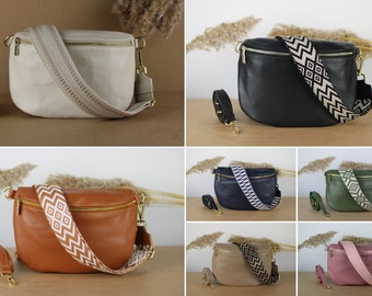 Leather Belly Bag with Gold zippered pockets, extra Patterned Straps, Leather Shoulder Bag, Crossbody Bag, gift for her