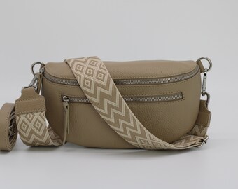 Sac ventre en cuir taupe pour femme avec poches zippées supplémentaires, options de sangle à motifs, sac à bandoulière en cuir, sac à bandoulière