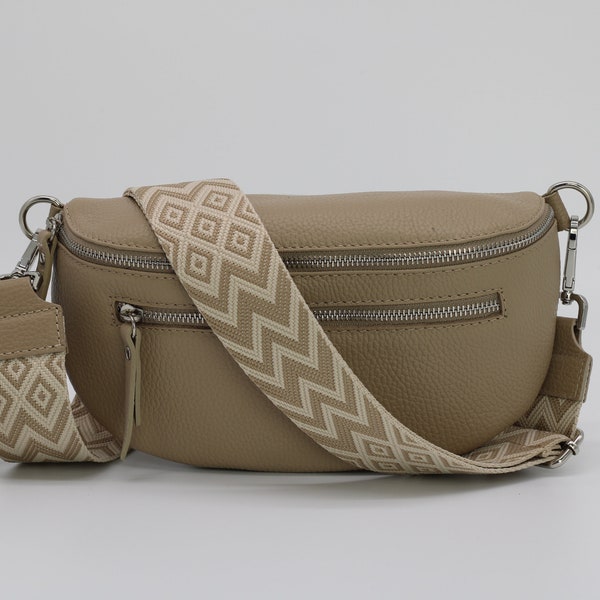Taupe Leather Belly Bag for Women with extra Zippered Pockets, Patterned Strap Options, Leather Shoulder Bag, Crossbody Bag