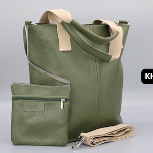 Leren shoppertas voor dames met brede riem, damesschoudertas, grote buideltas, draagtas met ritssluiting, cadeau voor haar, kerstcadeau KHAKI