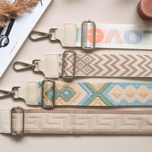 Beige Leather Bag Strap: Women's Patterned Shoulder Strap with Silver Hardware